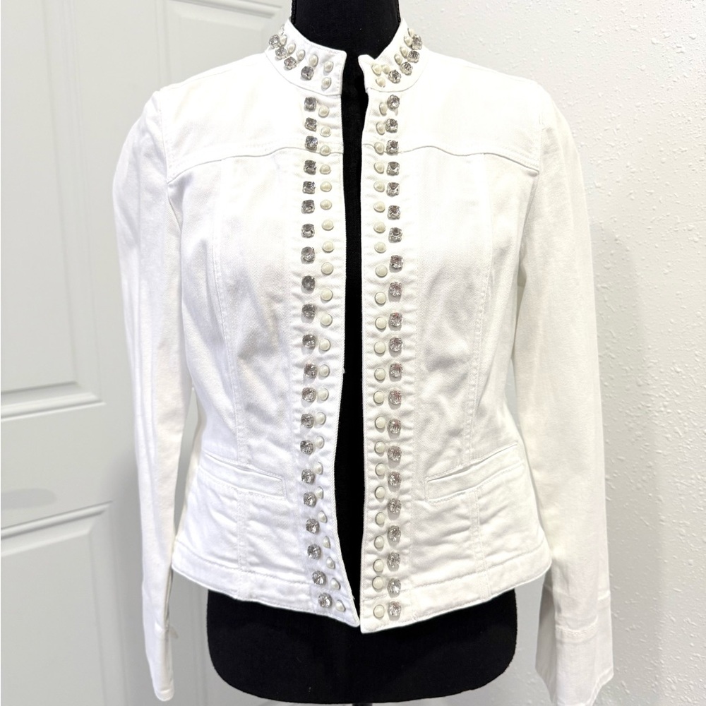 Chico's White cotton rhinestone and pearl embellishments Jean Jacket  S‎